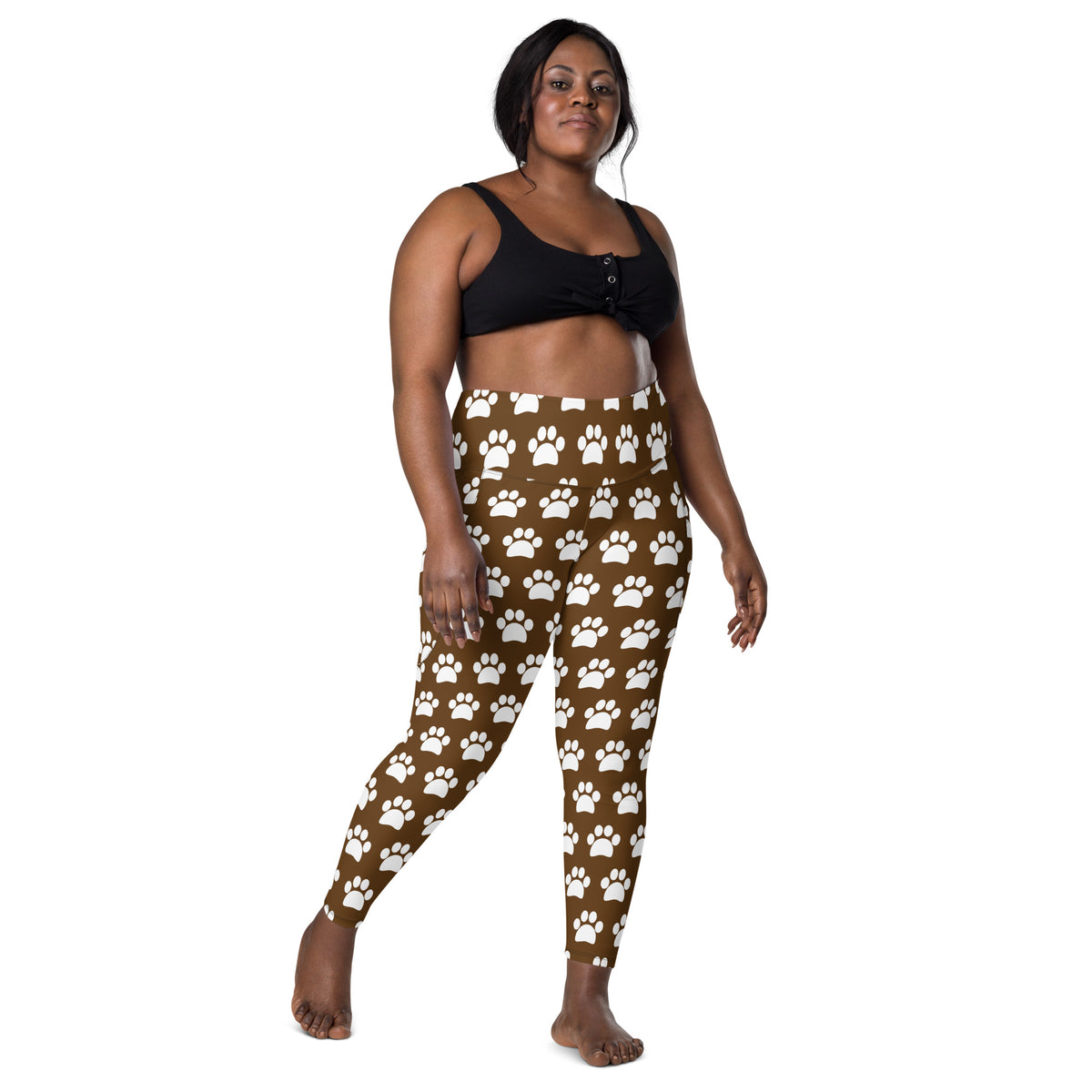 Women’s Brown Paw Print Yoga Leggings With Pockets – High-Waisted, Soft Compression Active Pants