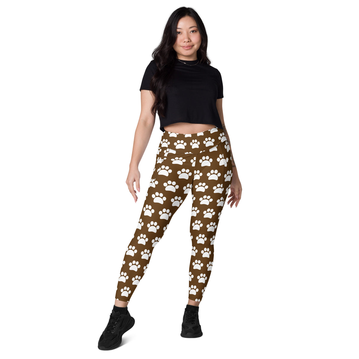 Women’s Brown Paw Print Yoga Leggings With Pockets – High-Waisted, Soft Compression Active Pants