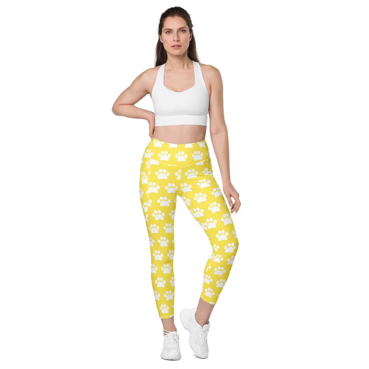 Women’s Yellow Paw Print Yoga Leggings With Pockets – High-Waisted, Soft Compression Active Pants