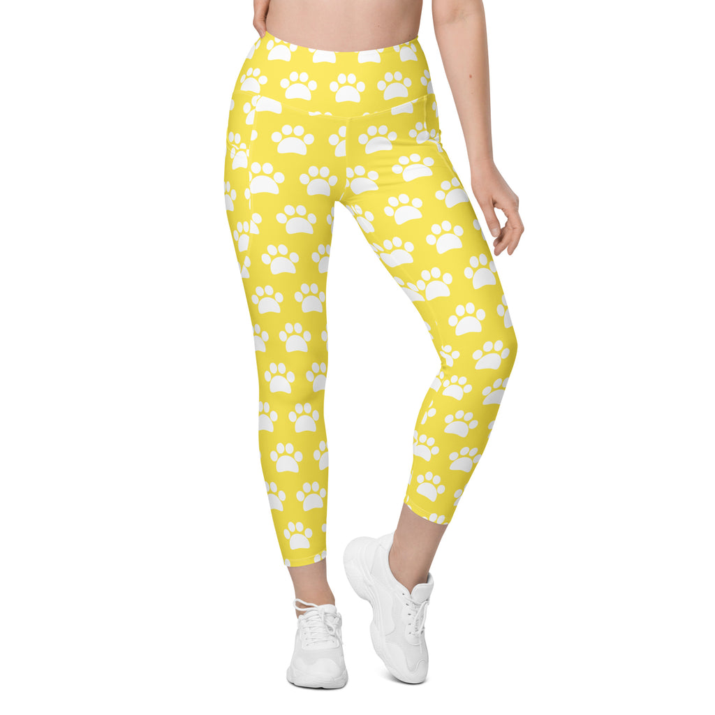 Women’s Yellow Paw Print Yoga Leggings With Pockets – High-Waisted, Soft Compression Active Pants
