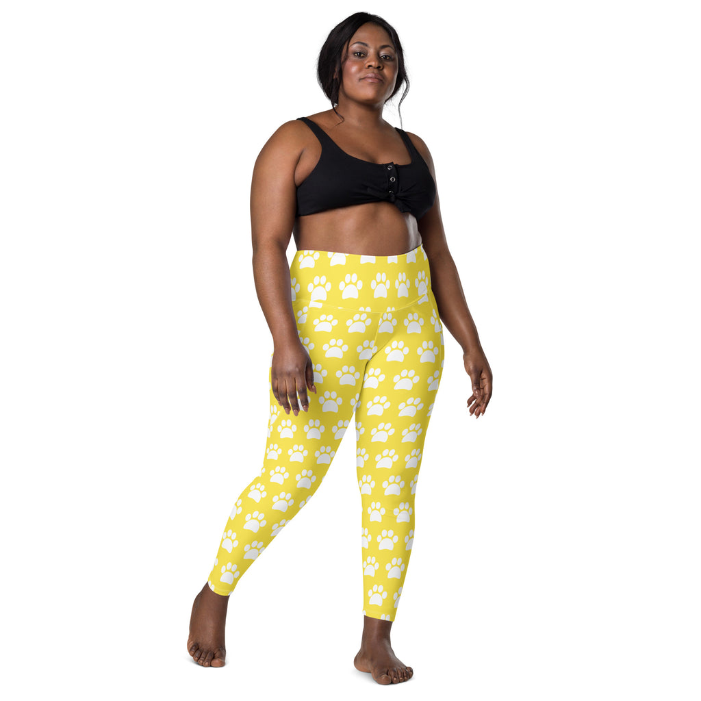 Women’s Yellow Paw Print Yoga Leggings With Pockets – High-Waisted, Soft Compression Active Pants