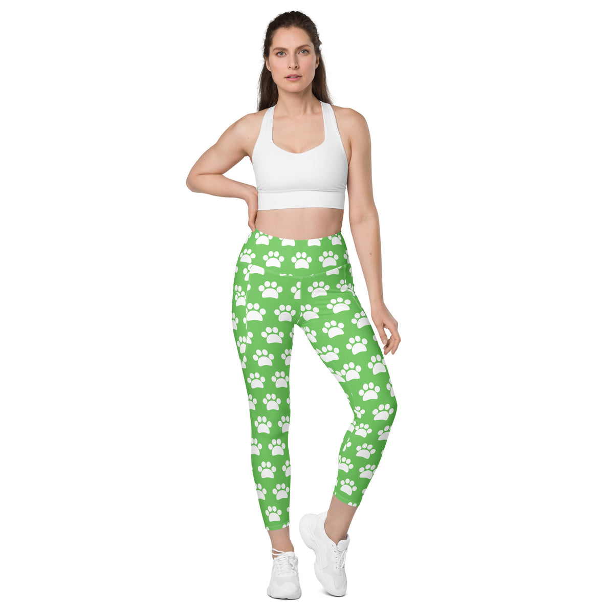 Women’s Green Paw Print Yoga Leggings With Pockets – High-Waisted, Soft Compression Active Pants