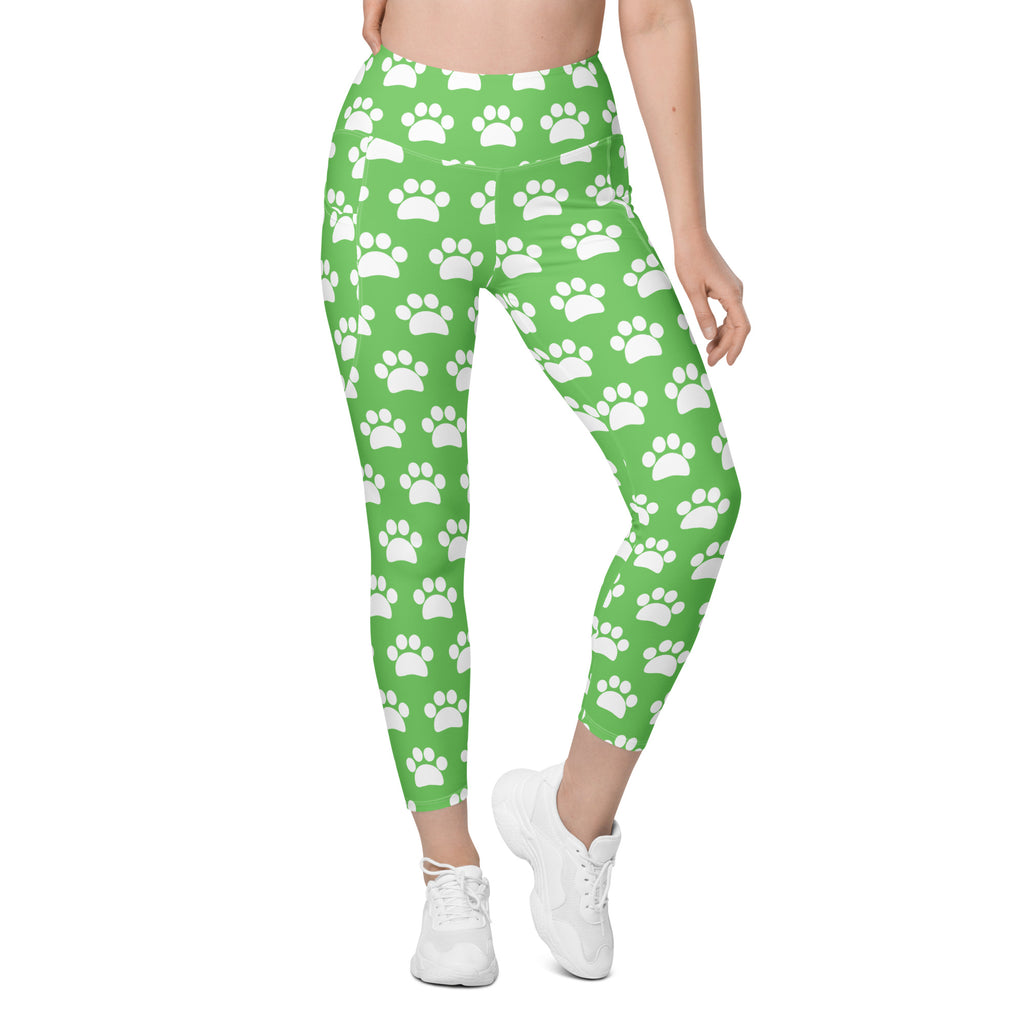 Women’s Green Paw Print Yoga Leggings With Pockets – High-Waisted, Soft Compression Active Pants