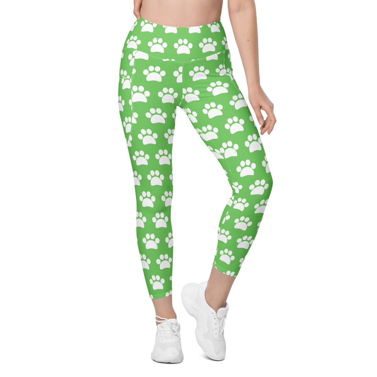 Women’s Green Paw Print Yoga Leggings With Pockets – High-Waisted, Soft Compression Active Pants
