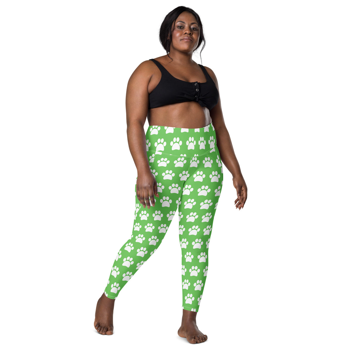 Women’s Green Paw Print Yoga Leggings With Pockets – High-Waisted, Soft Compression Active Pants