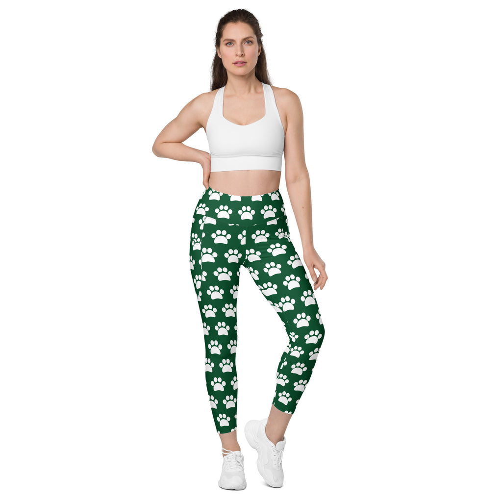 Women’s Forest Green Paw Print Yoga Leggings With Pockets – High-Waisted, Soft Compression Active Pants