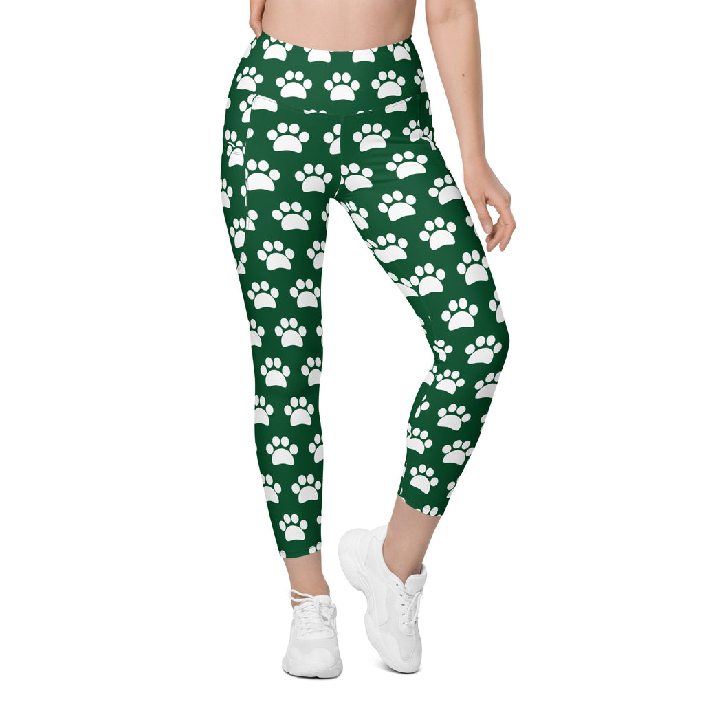 Women’s Forest Green Paw Print Yoga Leggings With Pockets – High-Waisted, Soft Compression Active Pants