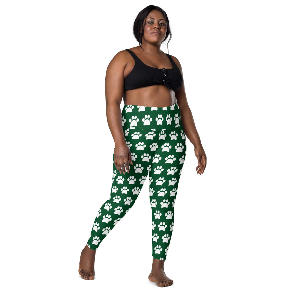Women’s Forest Green Paw Print Yoga Leggings With Pockets – High-Waisted, Soft Compression Active Pants