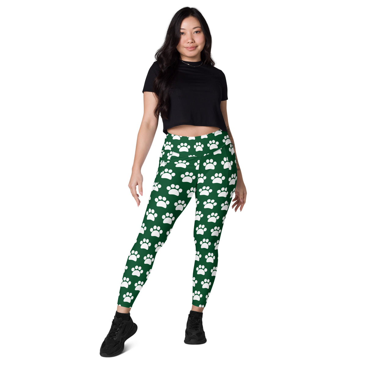 Women’s Forest Green Paw Print Yoga Leggings With Pockets – High-Waisted, Soft Compression Active Pants