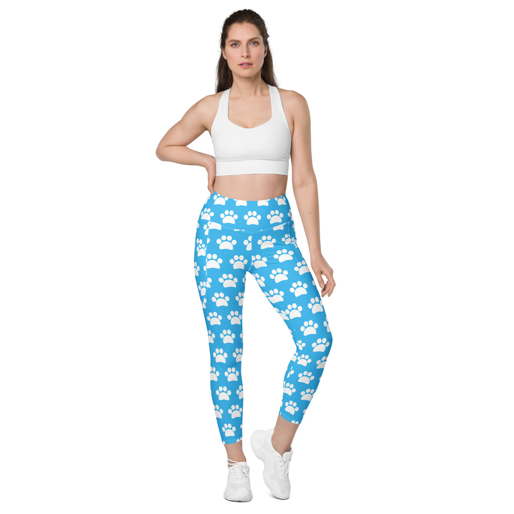 Women’s Light Blue Paw Print Yoga Leggings With Pockets – High-Waisted, Soft Compression Active Pants