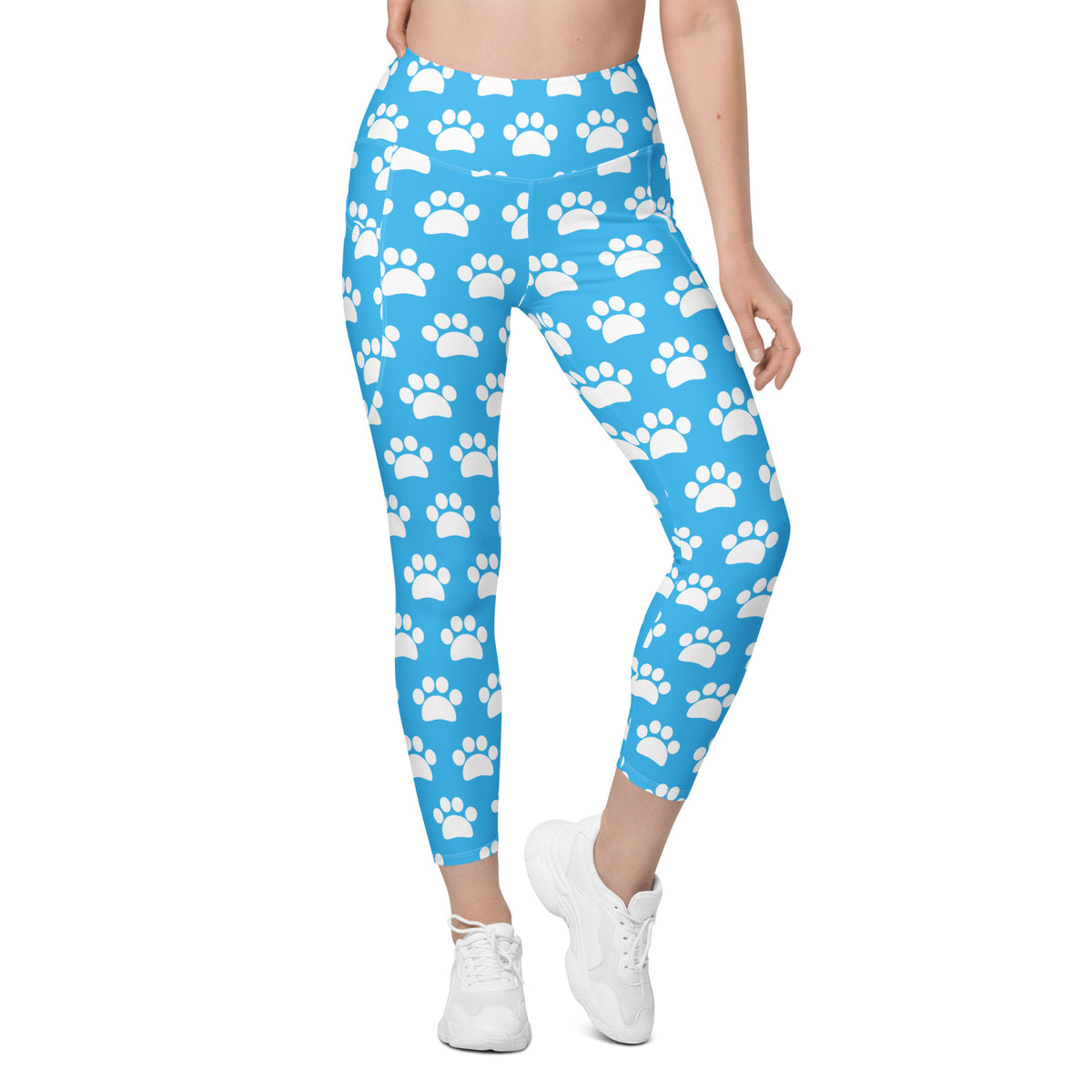 Women’s Light Blue Paw Print Yoga Leggings With Pockets – High-Waisted, Soft Compression Active Pants