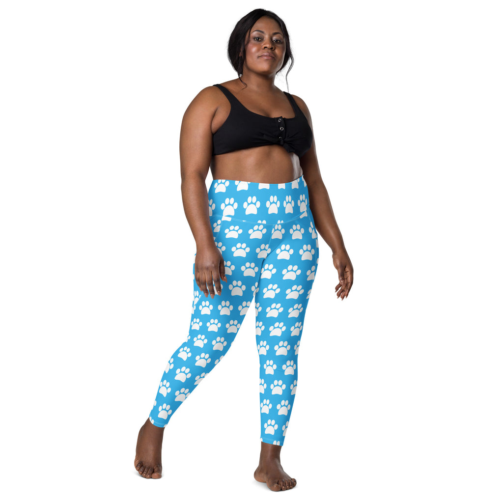Women’s Light Blue Paw Print Yoga Leggings With Pockets – High-Waisted, Soft Compression Active Pants