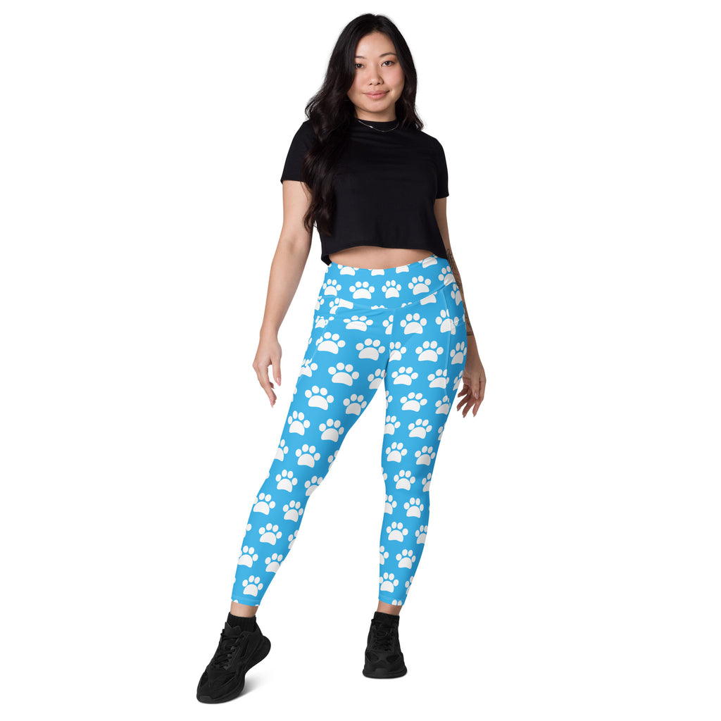 Women’s Light Blue Paw Print Yoga Leggings With Pockets – High-Waisted, Soft Compression Active Pants