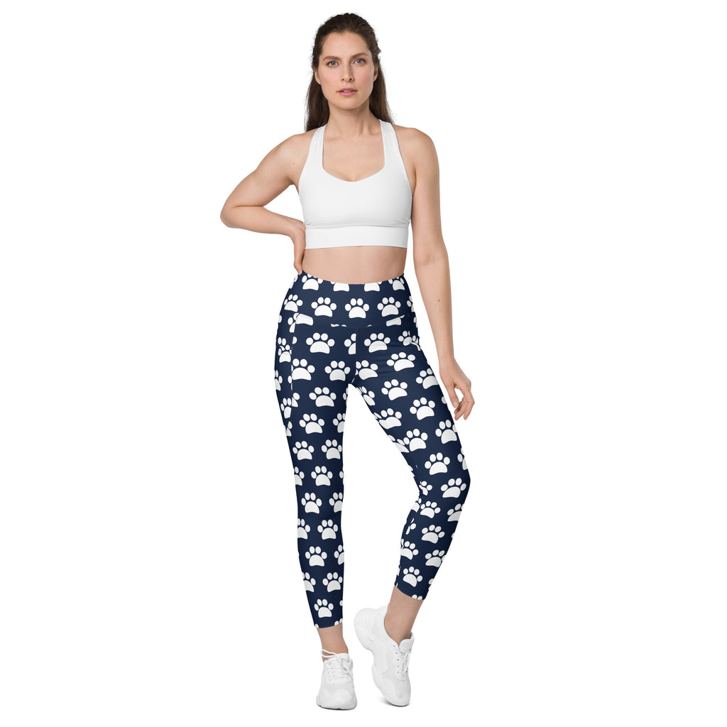 Women’s Navy Blue Paw Print Yoga Leggings With Pockets – High-Waisted, Soft Compression Active Pants