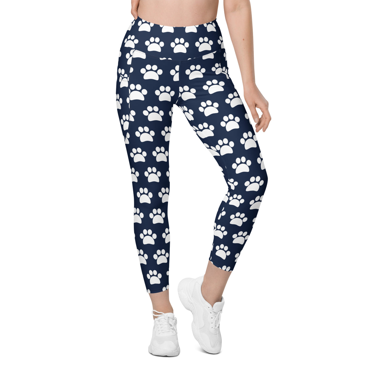 Women’s Navy Blue Paw Print Yoga Leggings With Pockets – High-Waisted, Soft Compression Active Pants