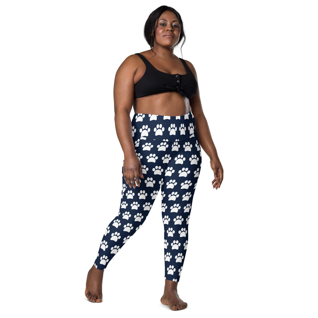 Women’s Navy Blue Paw Print Yoga Leggings With Pockets – High-Waisted, Soft Compression Active Pants