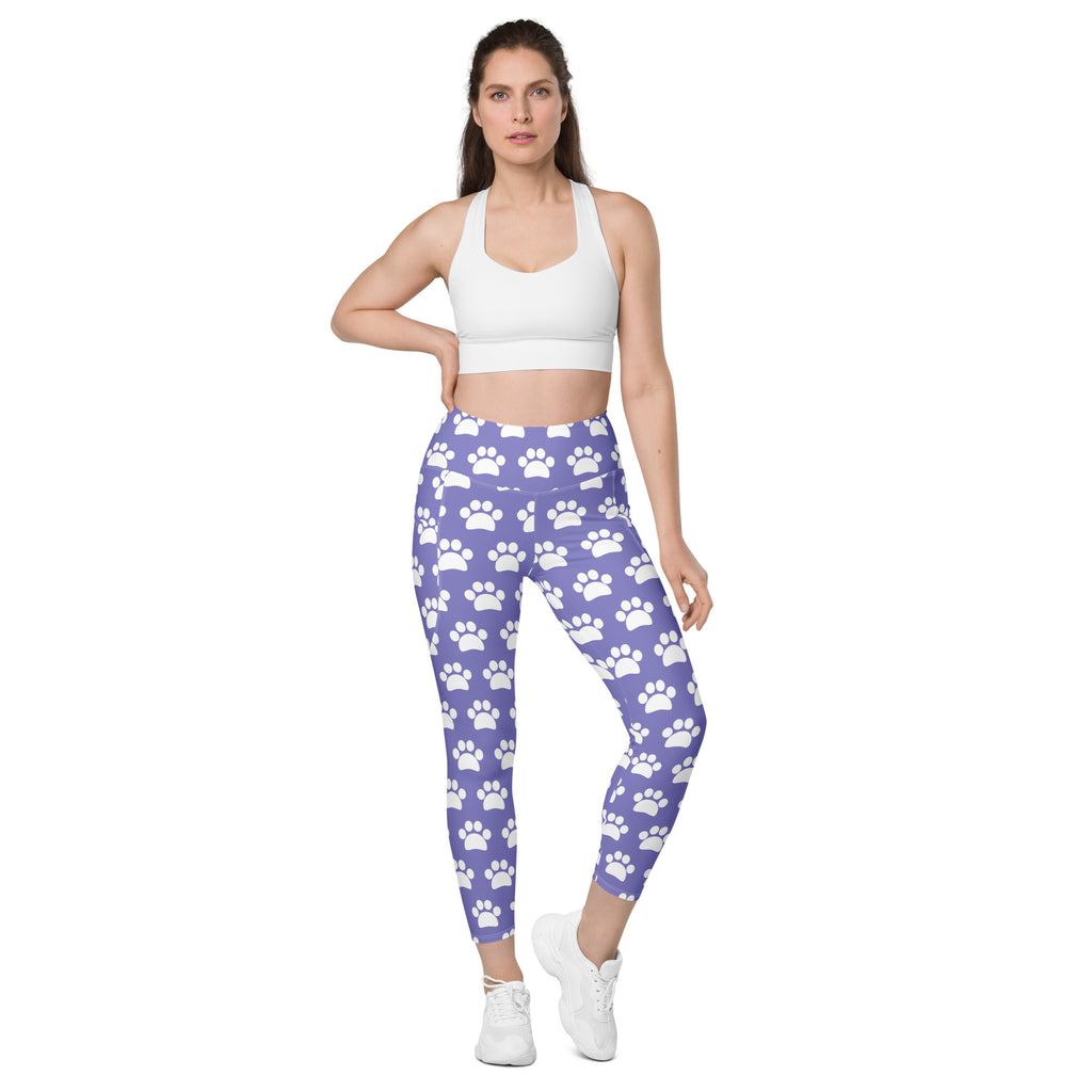 Women’s Purple Paw Print Yoga Leggings With Pockets – High-Waisted, Soft Compression Active Pants