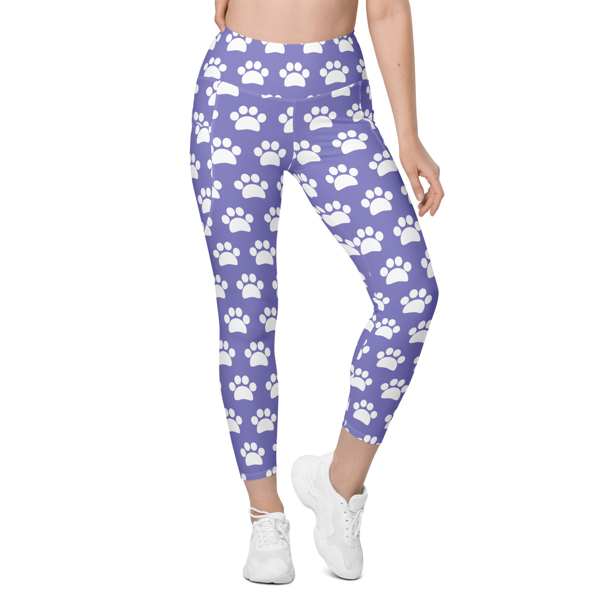 Women’s Purple Paw Print Yoga Leggings With Pockets – High-Waisted, Soft Compression Active Pants