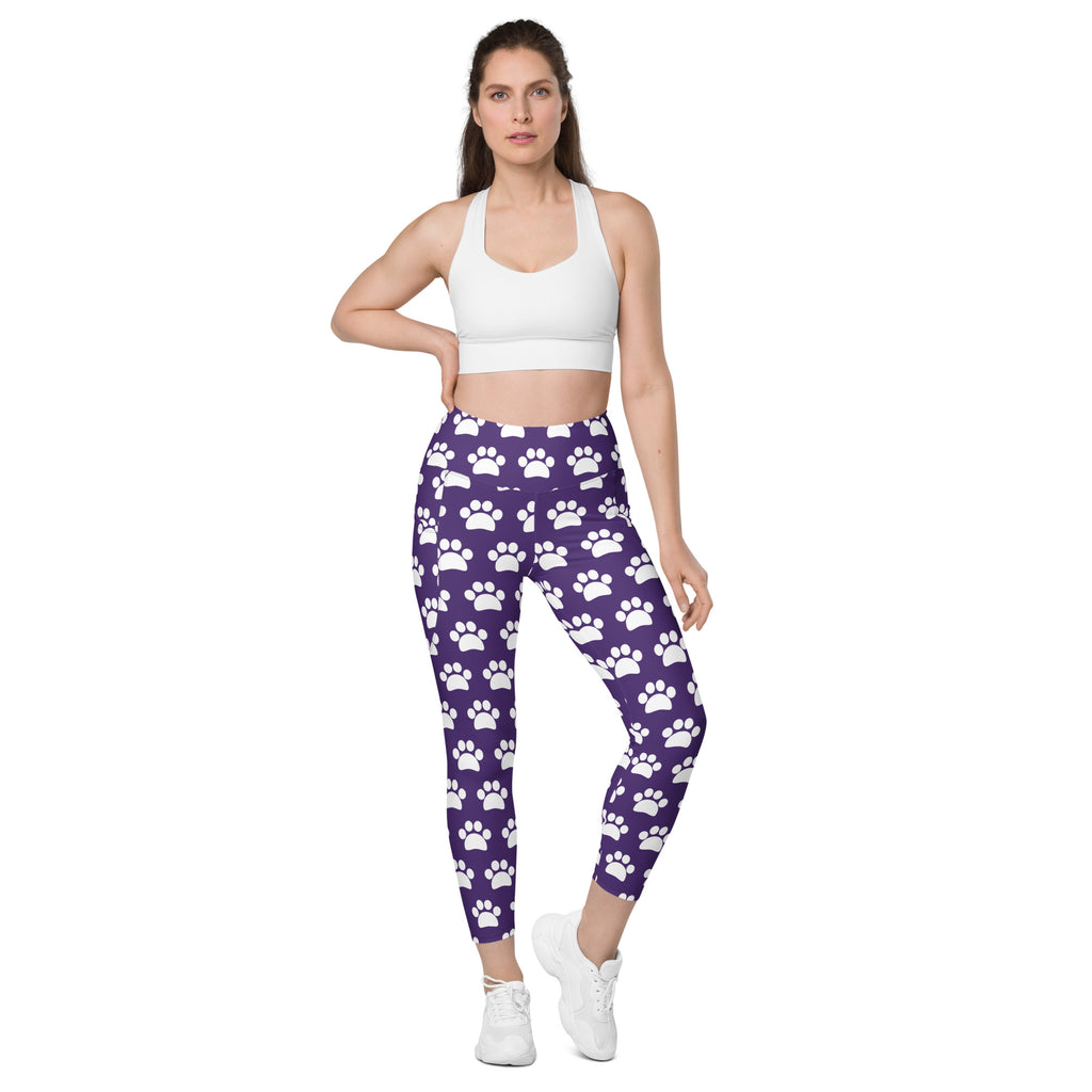 Women’s Dark Purple Paw Print Yoga Leggings With Pockets – High-Waisted, Soft Compression Active Pants