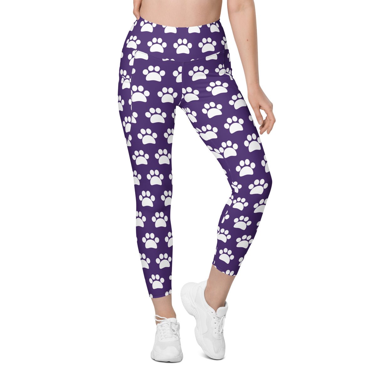 Women’s Dark Purple Paw Print Yoga Leggings With Pockets – High-Waisted, Soft Compression Active Pants