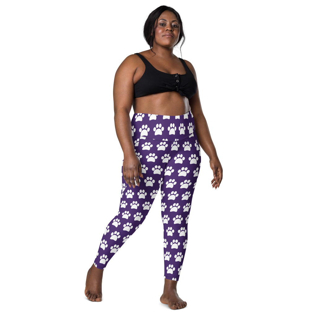 Women’s Dark Purple Paw Print Yoga Leggings With Pockets – High-Waisted, Soft Compression Active Pants