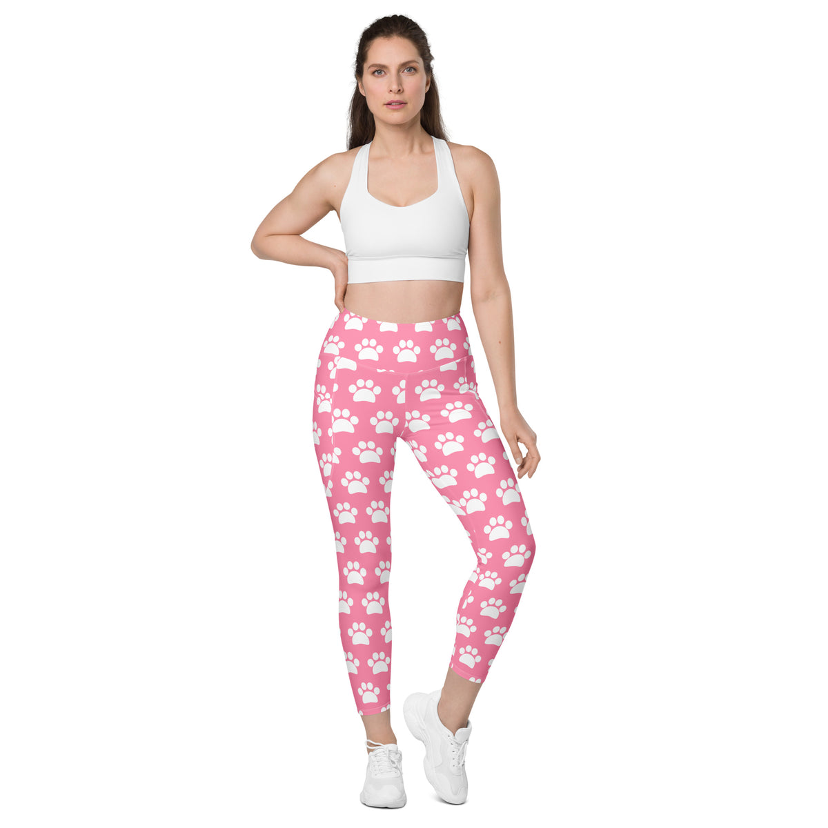 Women’s Pink Paw Print Yoga Leggings With Pockets – High-Waisted, Soft Compression Active Pants