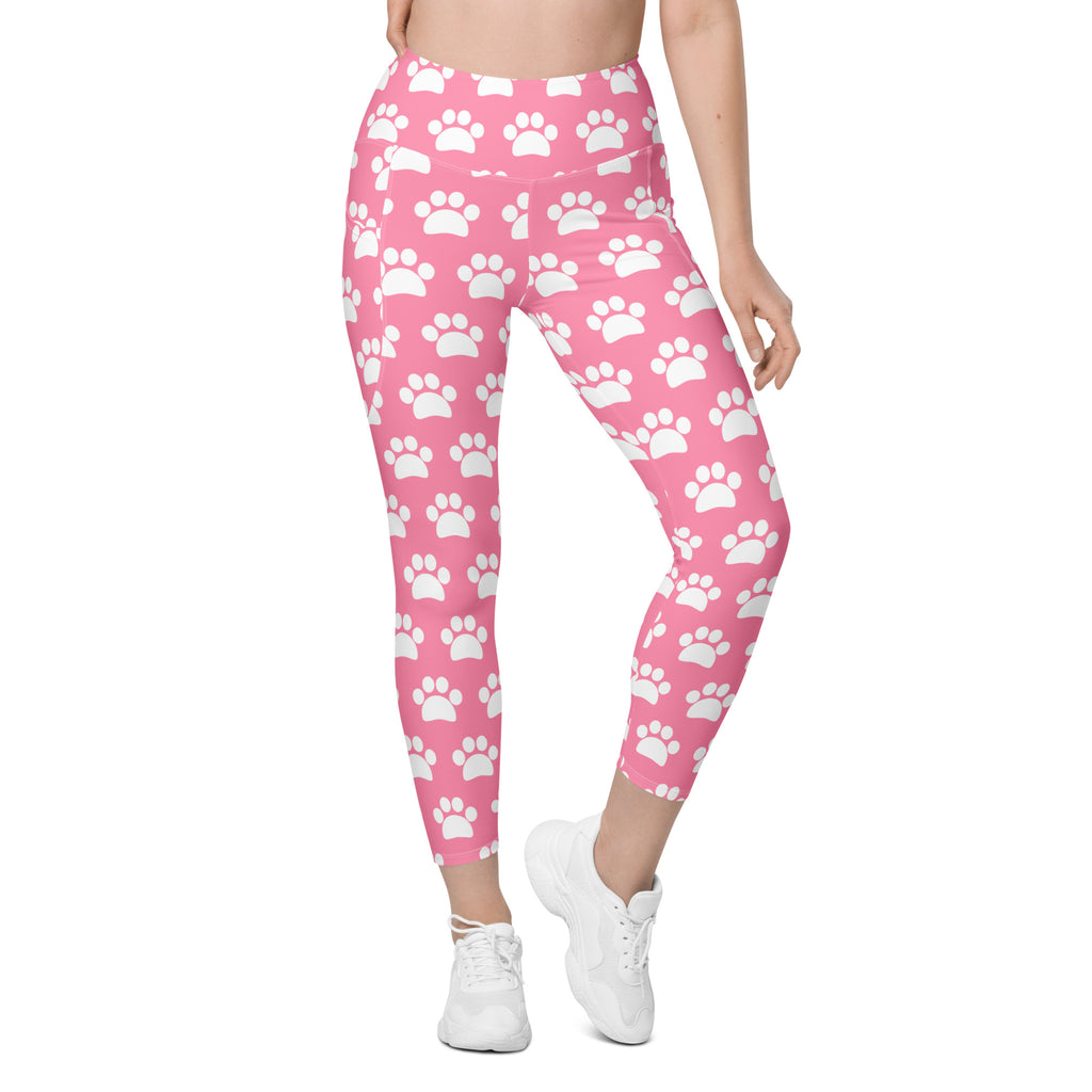 Women’s Pink Paw Print Yoga Leggings With Pockets – High-Waisted, Soft Compression Active Pants