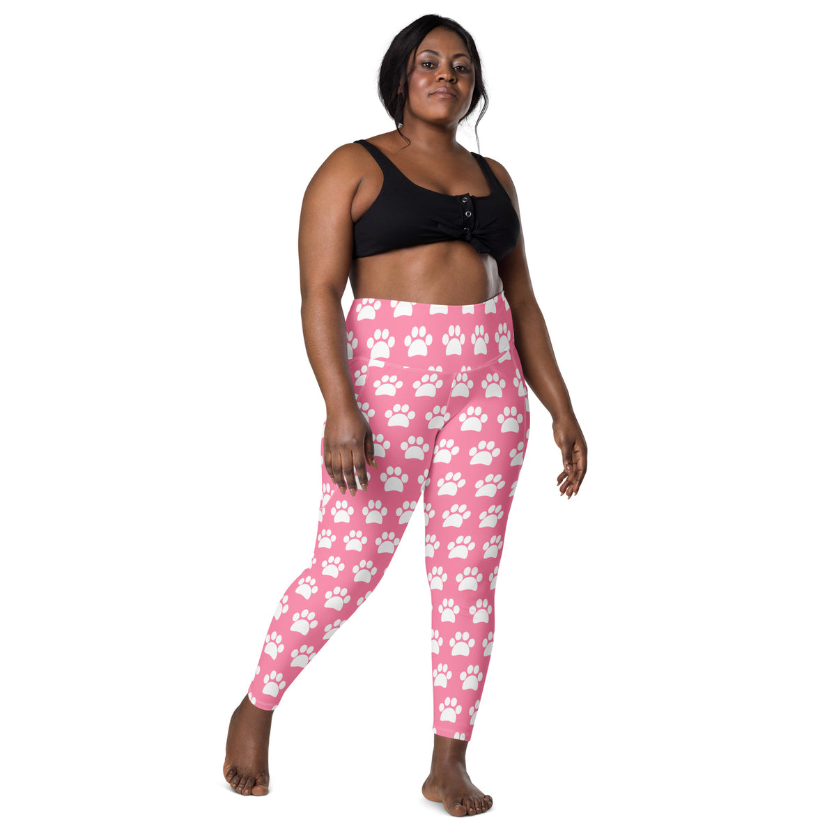Women’s Pink Paw Print Yoga Leggings With Pockets – High-Waisted, Soft Compression Active Pants