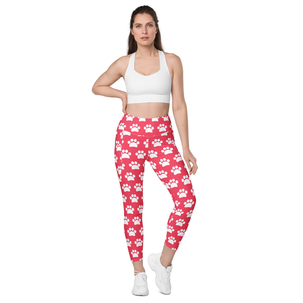 Women’s Bright Pink Paw Print Yoga Leggings With Pockets – High-Waisted, Soft Compression Active Pants