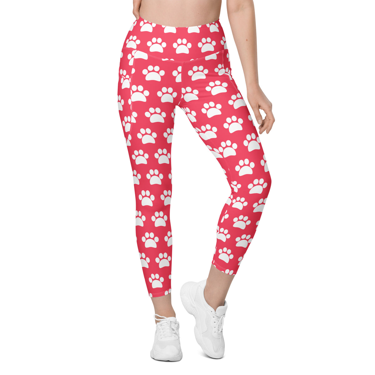 Women’s Bright Pink Paw Print Yoga Leggings With Pockets – High-Waisted, Soft Compression Active Pants