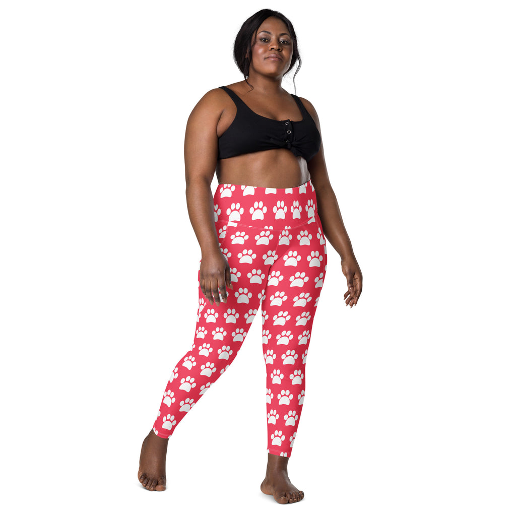 Women’s Bright Pink Paw Print Yoga Leggings With Pockets – High-Waisted, Soft Compression Active Pants