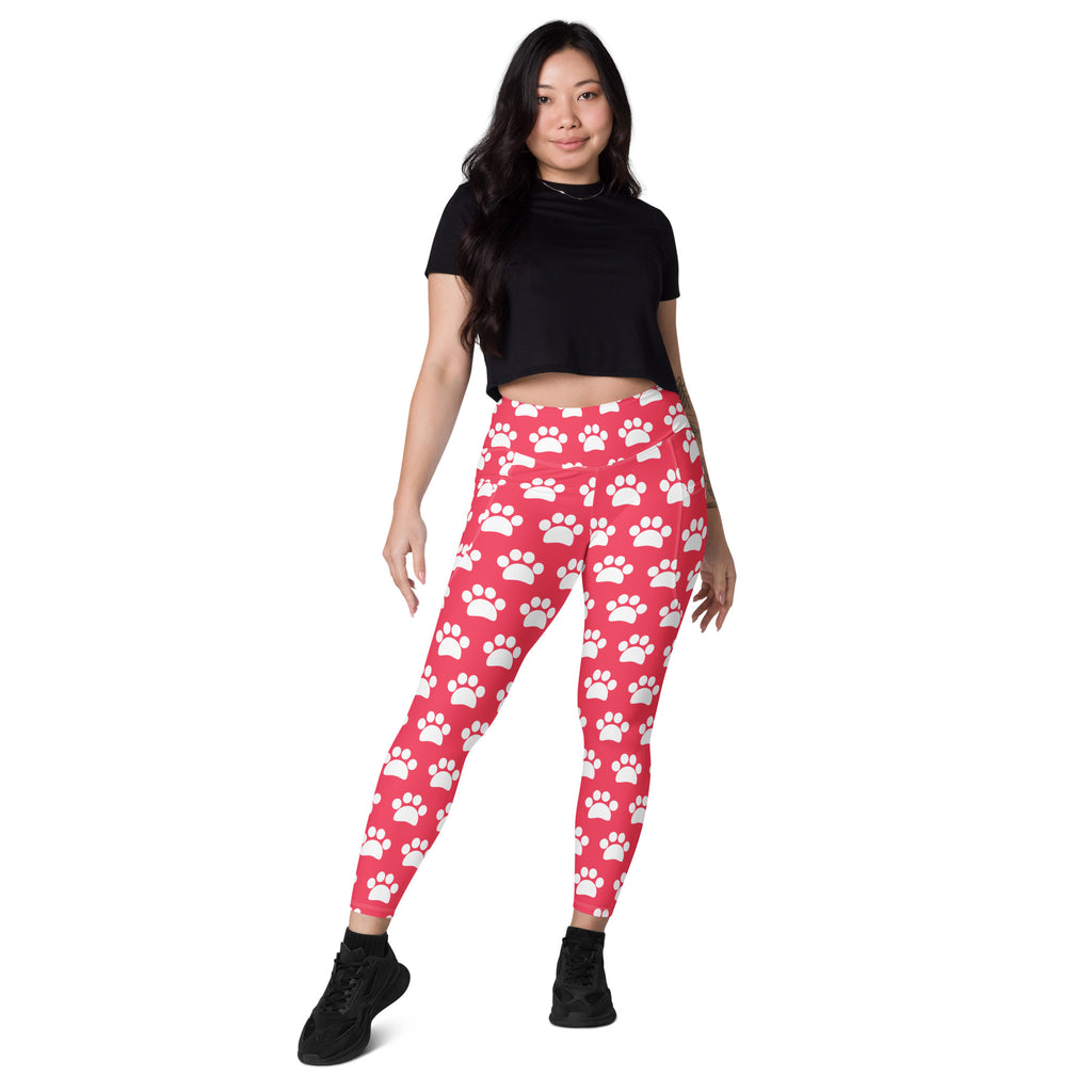 Women’s Bright Pink Paw Print Yoga Leggings With Pockets – High-Waisted, Soft Compression Active Pants