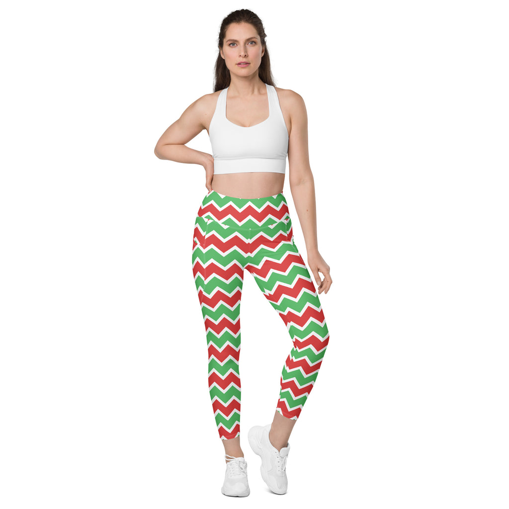 Women’s Christmas Chevron Yoga Leggings With Pockets – High-Waisted, Soft Compression Active Pants