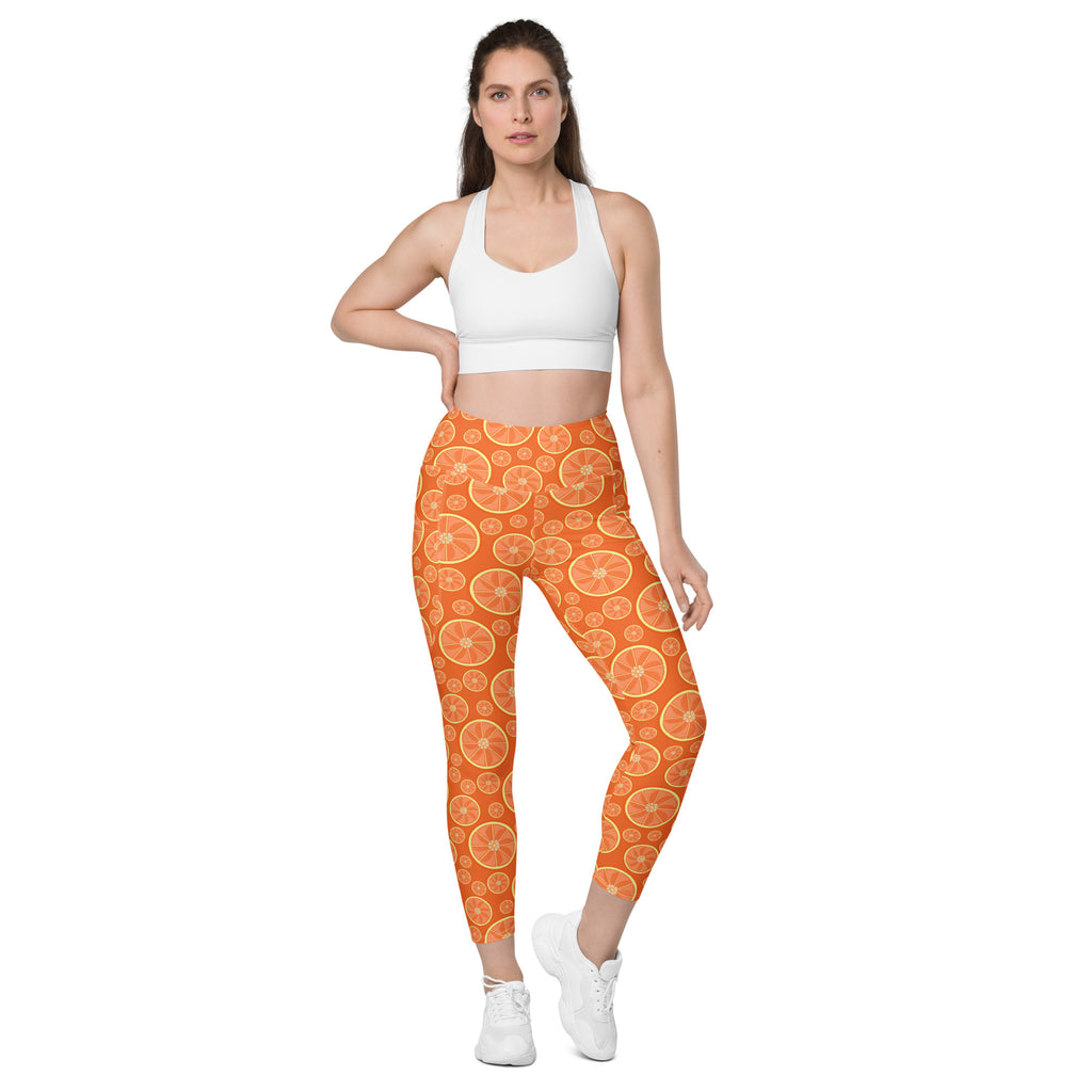 Women’s Orange Citrus Yoga Leggings With Pockets – High-Waisted, Soft Compression Active Pants