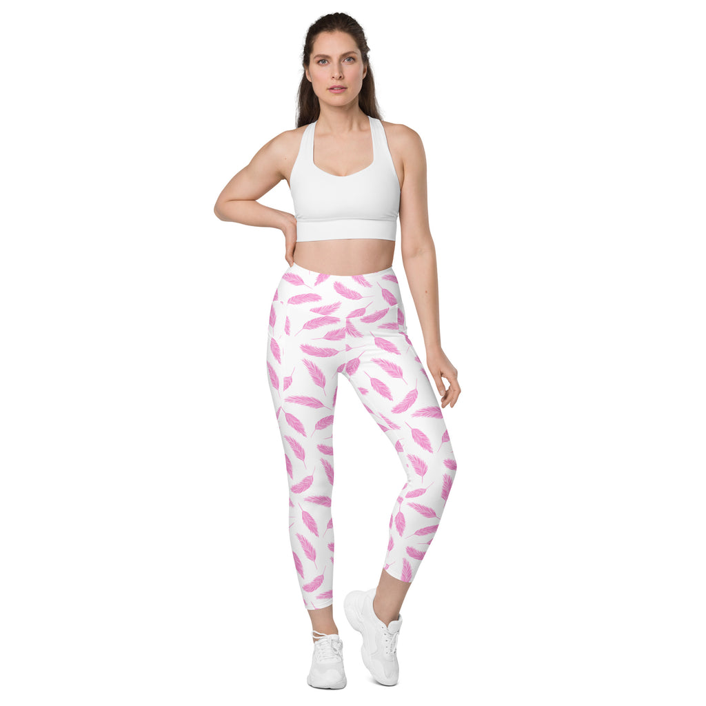 Women’s Pink Flamingo Feather Yoga Leggings With Pockets – High-Waisted, Soft Compression Active Pants