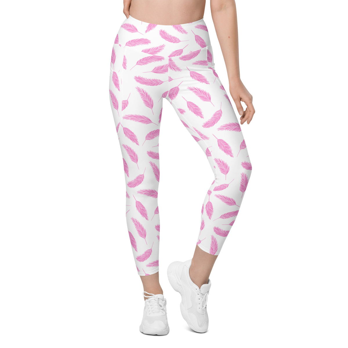 Women’s Pink Flamingo Feather Yoga Leggings With Pockets – High-Waisted, Soft Compression Active Pants