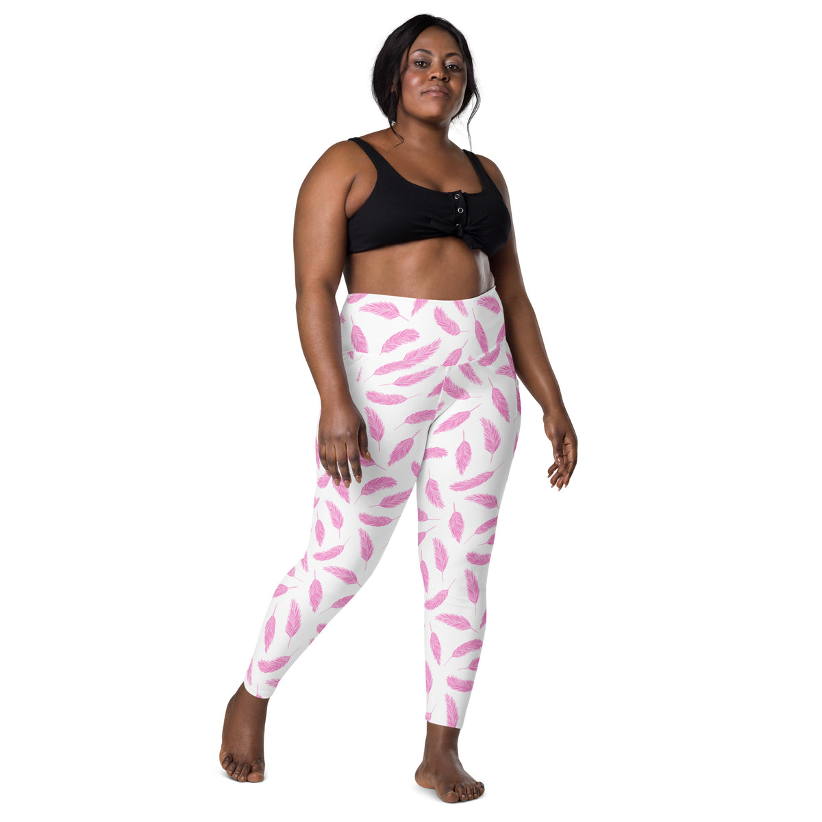 Women’s Pink Flamingo Feather Yoga Leggings With Pockets – High-Waisted, Soft Compression Active Pants