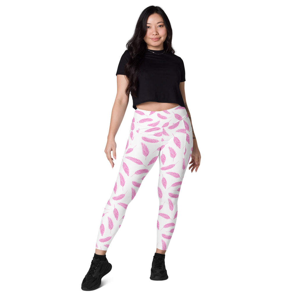 Women’s Pink Flamingo Feather Yoga Leggings With Pockets – High-Waisted, Soft Compression Active Pants