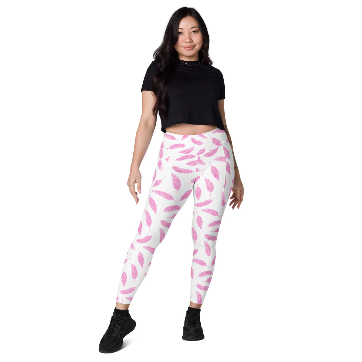 Women’s Pink Flamingo Feather Yoga Leggings With Pockets – High-Waisted, Soft Compression Active Pants