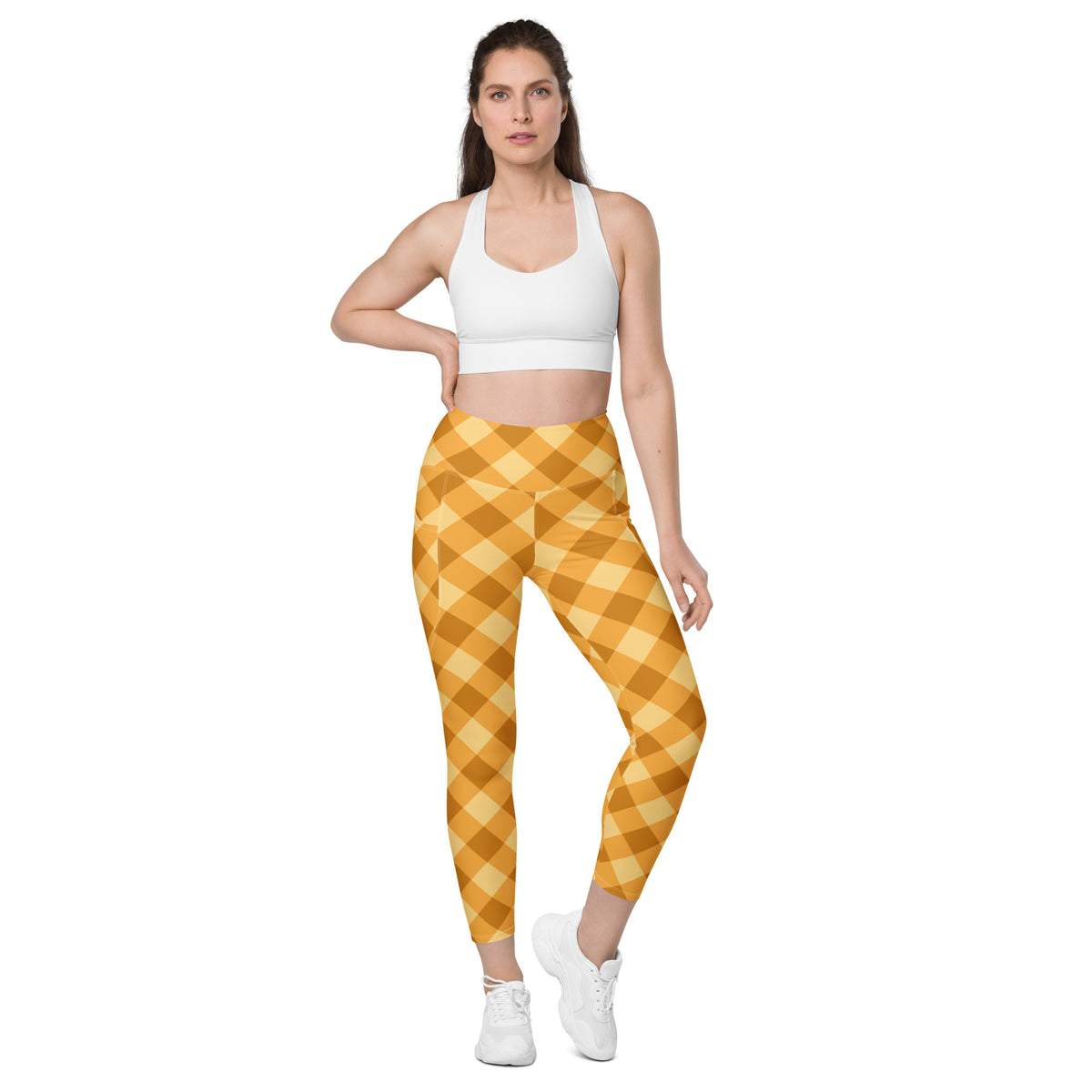 Women’s Mustard Yellow Plaid Yoga Leggings With Pockets – High-Waisted, Soft Compression Active Pants