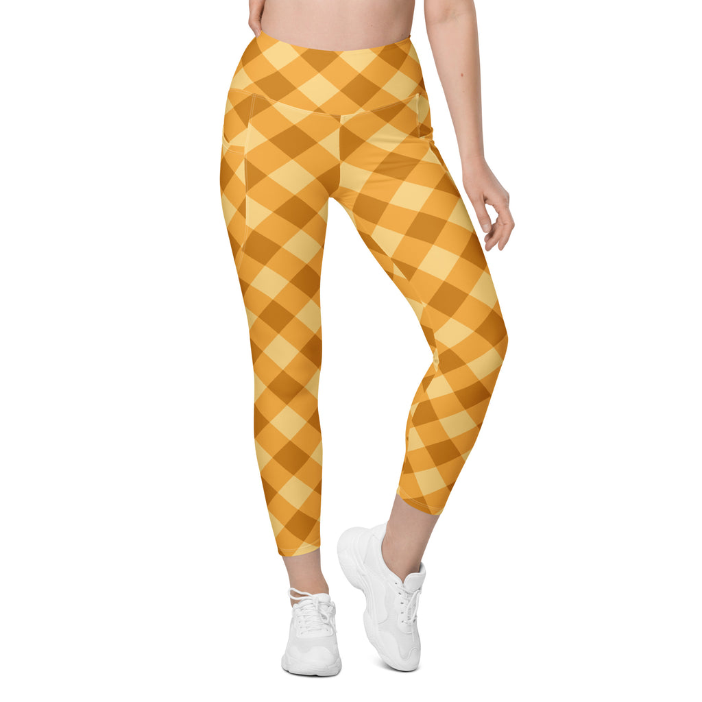 Women’s Mustard Yellow Plaid Yoga Leggings With Pockets – High-Waisted, Soft Compression Active Pants