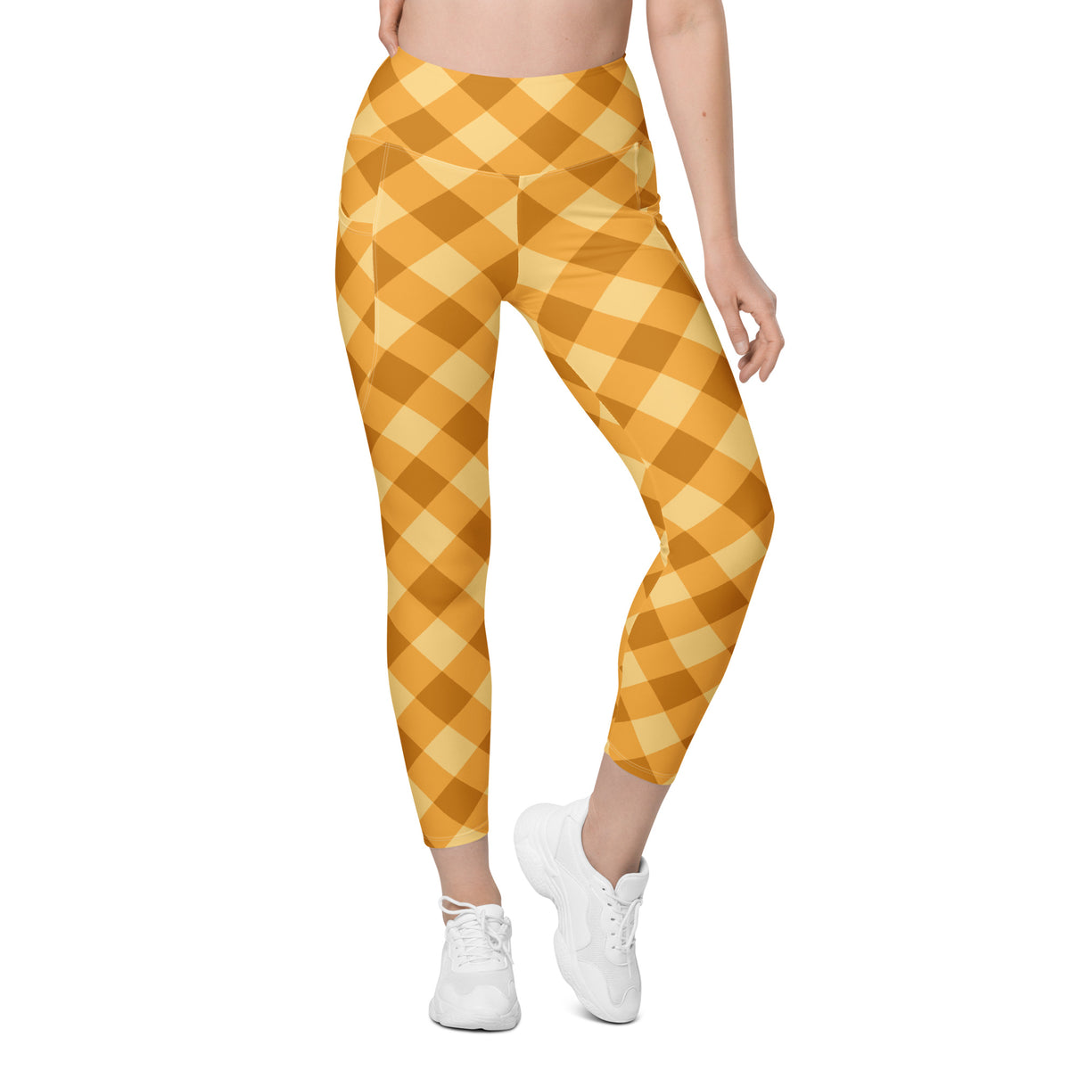 Women’s Mustard Yellow Plaid Yoga Leggings With Pockets – High-Waisted, Soft Compression Active Pants