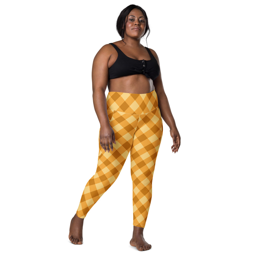 Women’s Mustard Yellow Plaid Yoga Leggings With Pockets – High-Waisted, Soft Compression Active Pants
