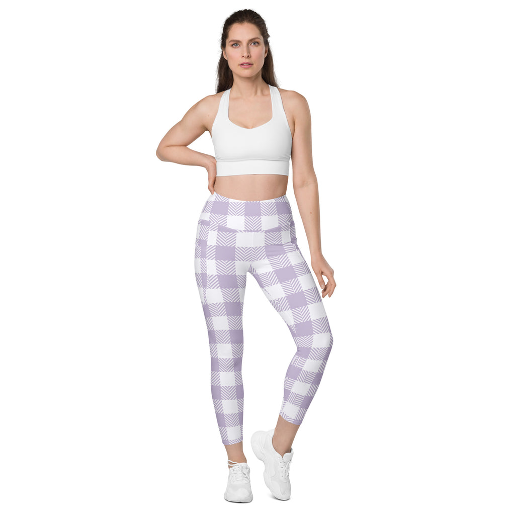 Women’s Lavender Gingham Yoga Leggings With Pockets – High-Waisted, Soft Compression Active Pants