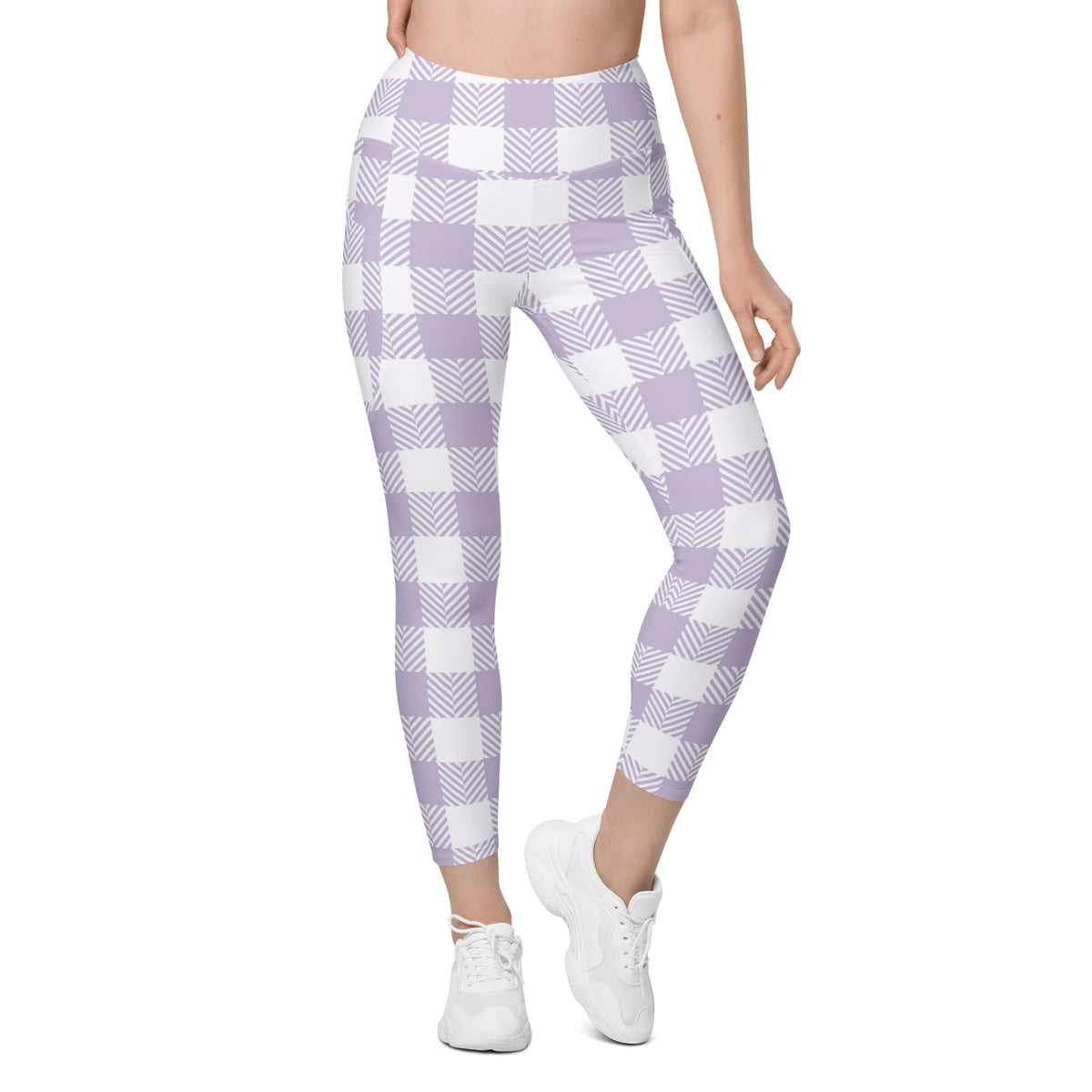 Women’s Lavender Gingham Yoga Leggings With Pockets – High-Waisted, Soft Compression Active Pants