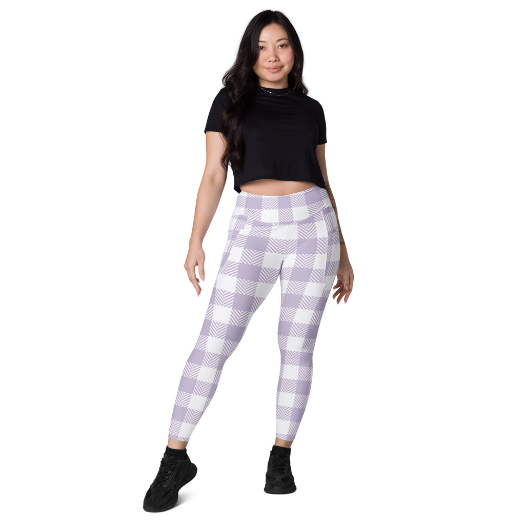 Women’s Lavender Gingham Yoga Leggings With Pockets – High-Waisted, Soft Compression Active Pants