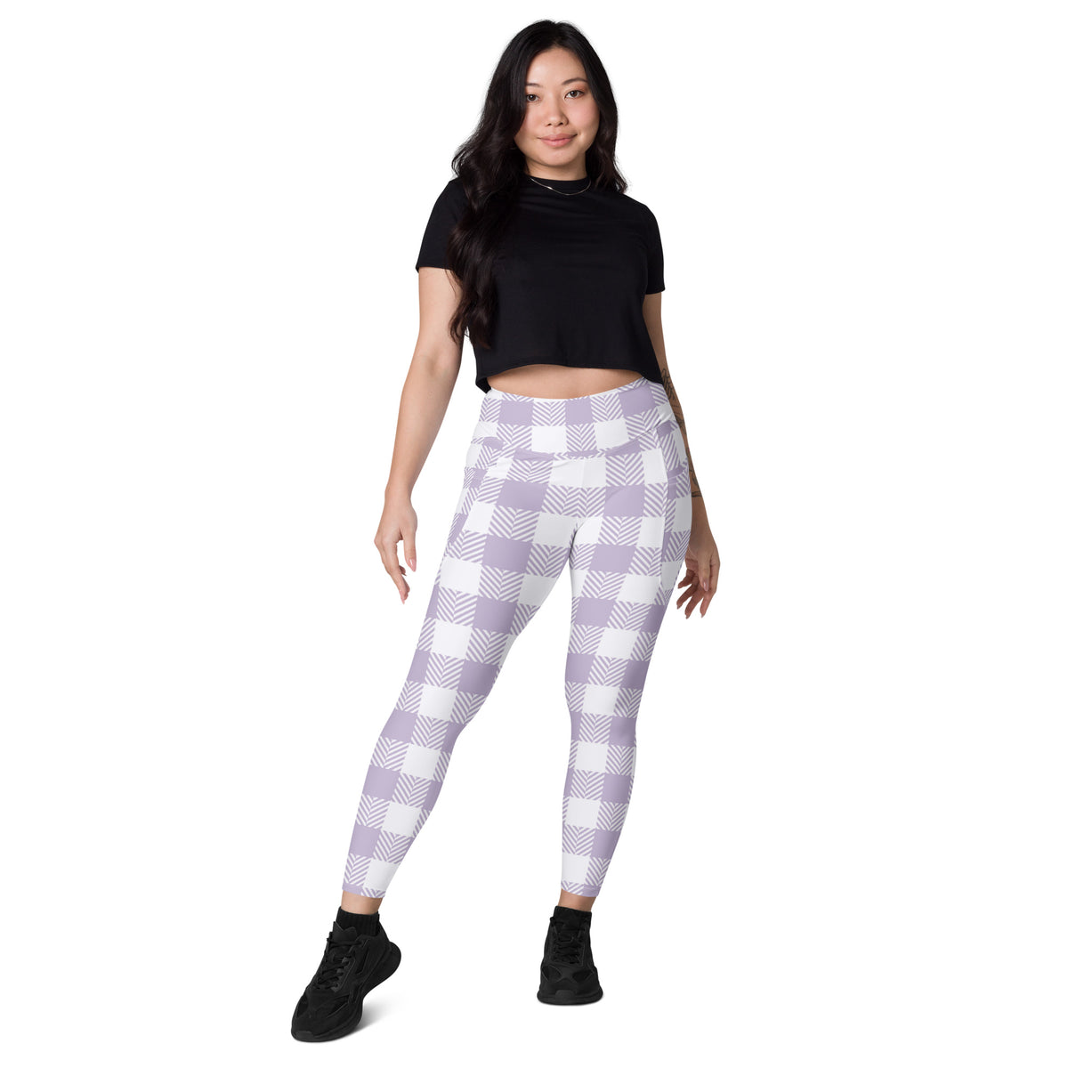 Women’s Lavender Gingham Yoga Leggings With Pockets – High-Waisted, Soft Compression Active Pants