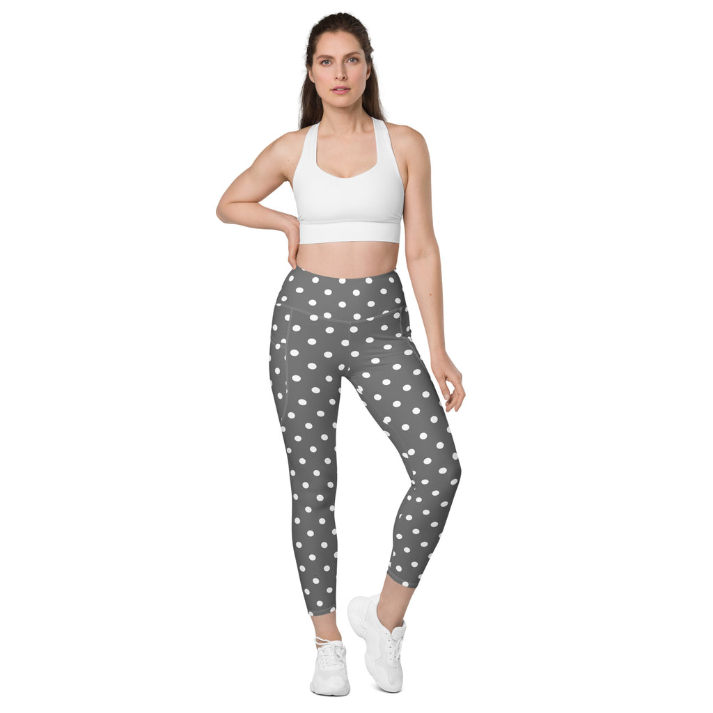 Women’s Gray Polka Dot Yoga Leggings With Pockets – High-Waisted, Soft Compression Active Pants