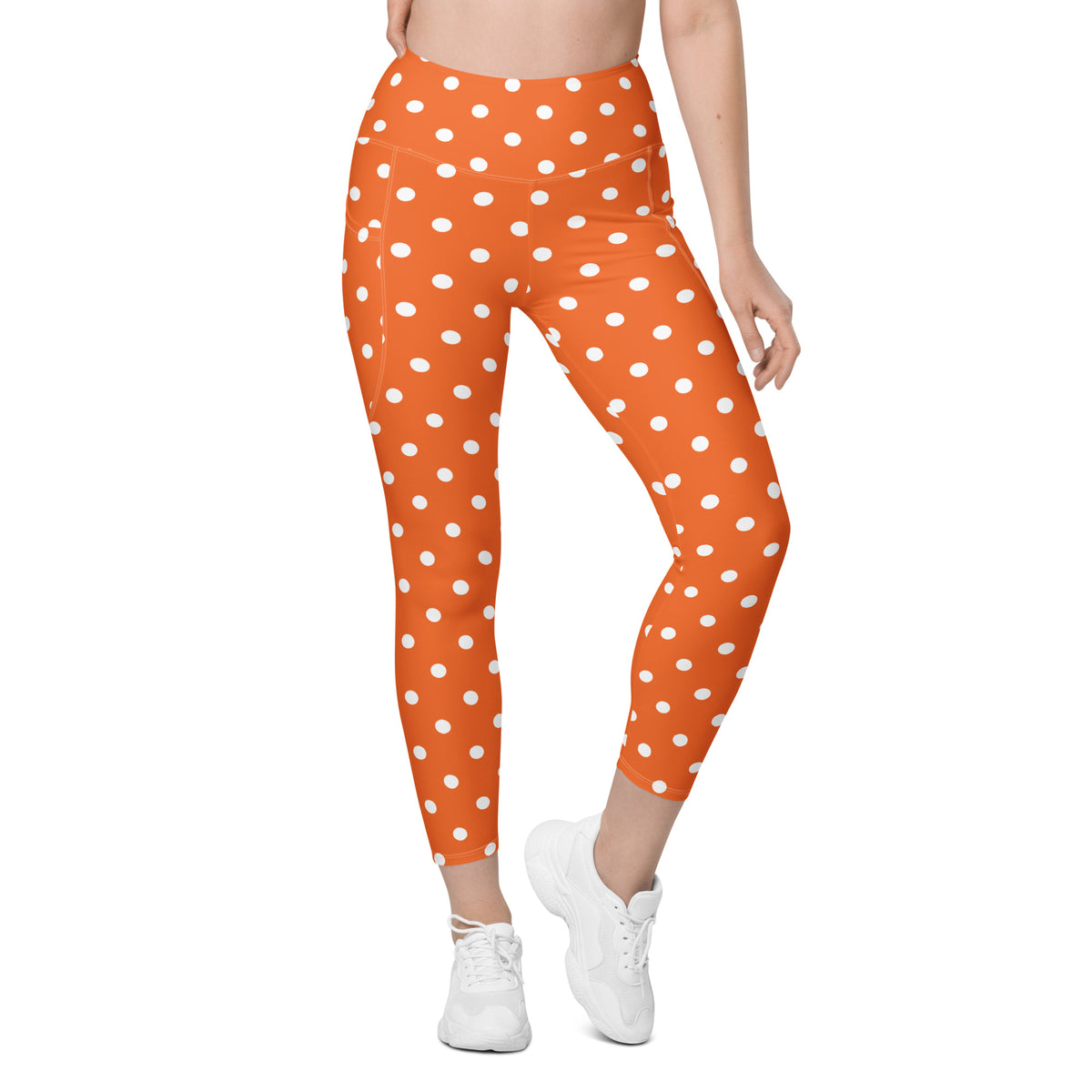 Women’s Orange Polka Dot Yoga Leggings With Pockets – High-Waisted, Soft Compression Active Pants