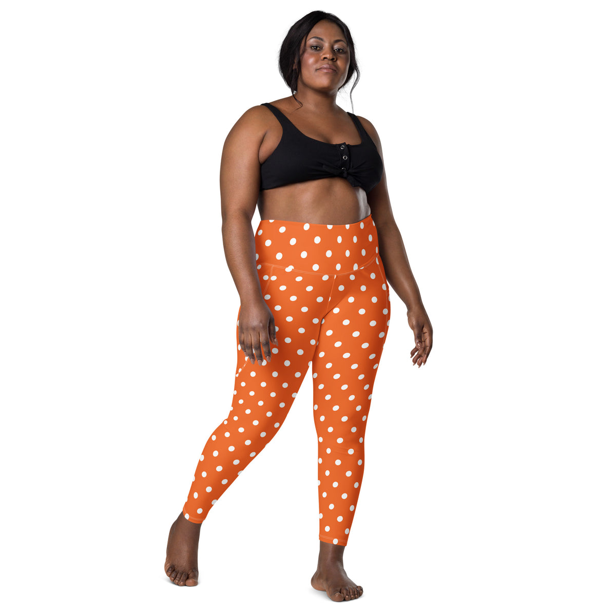 Women’s Orange Polka Dot Yoga Leggings With Pockets – High-Waisted, Soft Compression Active Pants
